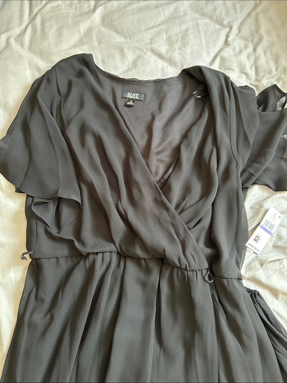 SLNY Black Wrap Midi Dress with Flutter Sleeves